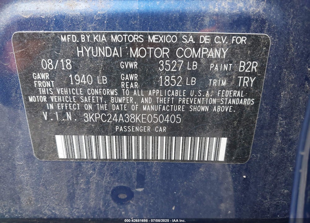 2019 HYUNDAI ACCENT VIN: 3KPC24A38KE050405