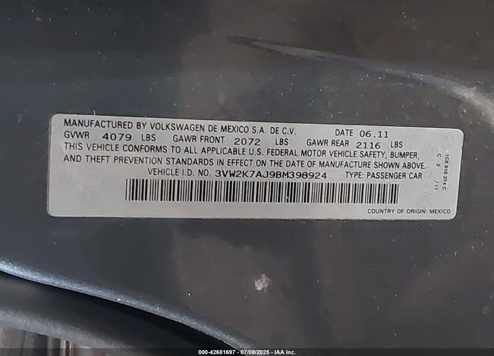 2011 VOLKSWAGEN JETTA VIN: 3VW2K7AJ9BM398924
