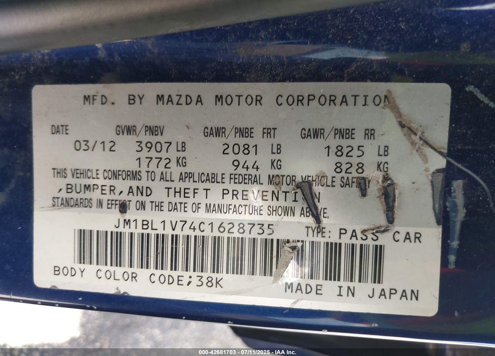 2012 MAZDA 3 VIN: JM1BL1V74C1628735