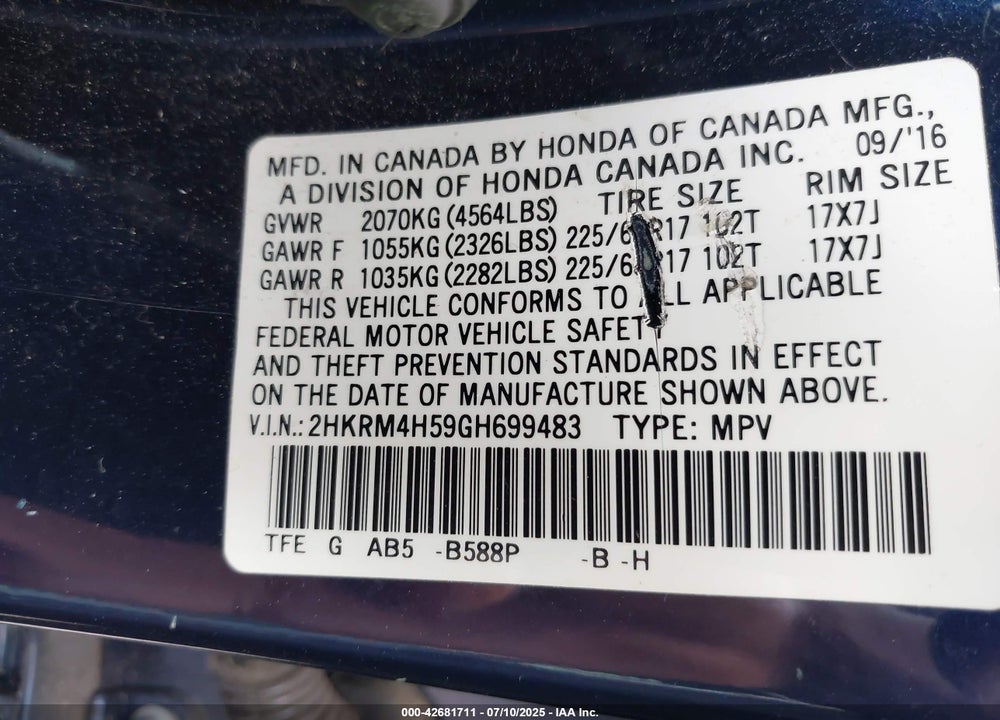 2016 HONDA CR-V EX VIN: 2HKRM4H59GH699483