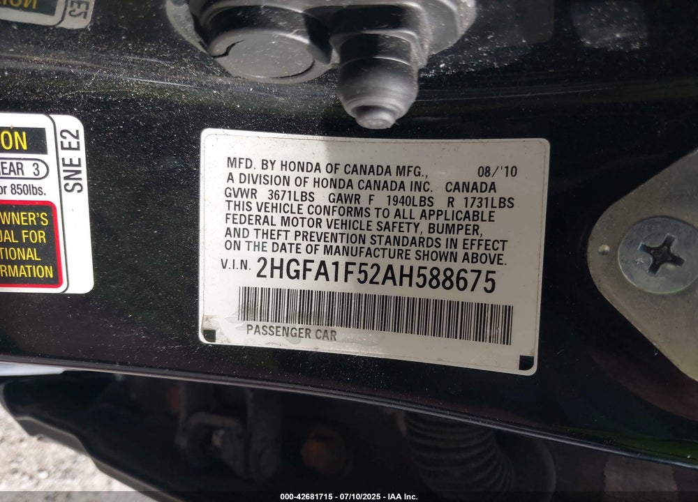 2010 HONDA CIVIC VIN: 2HGFA1F52AH588675