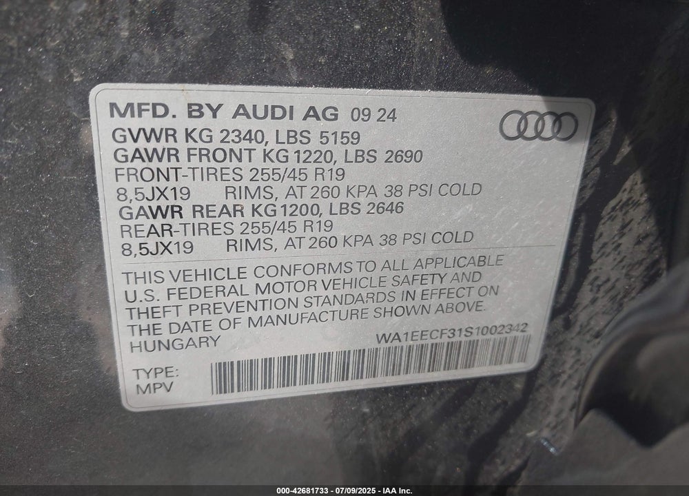 2025 AUDI Q3 VIN: WA1EECF31S1002342