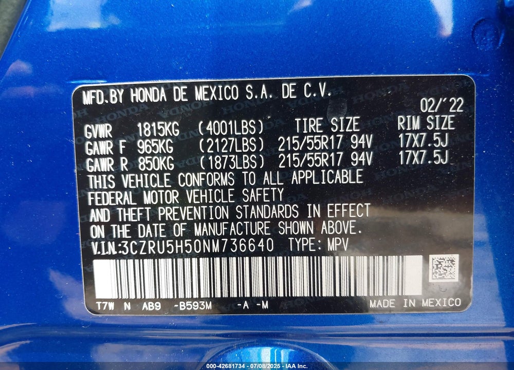 2022 HONDA HR-V VIN: 3CZRU5H50NM736640