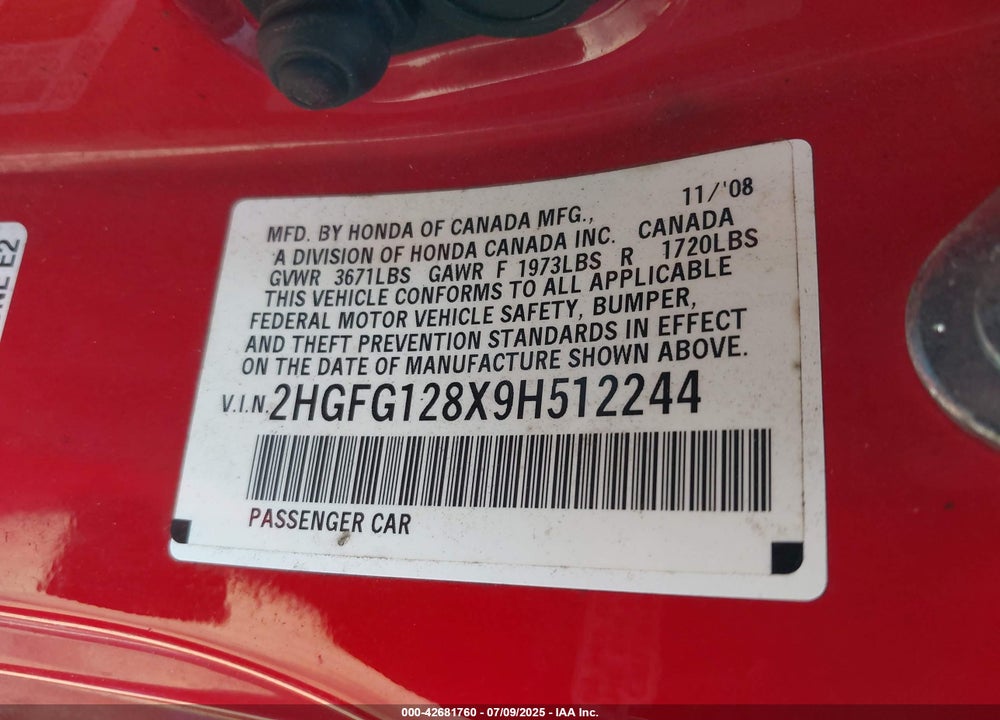 2009 HONDA CIVIC VIN: 2HGFG128X9H512244
