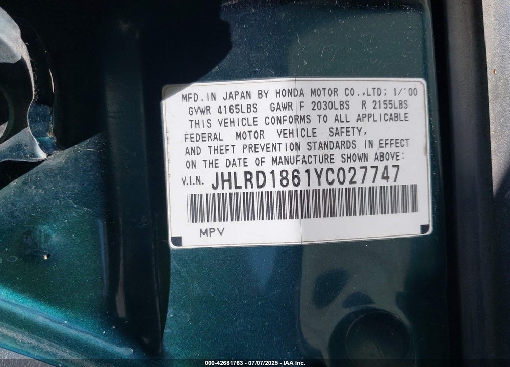 2000 HONDA CR-V EX VIN: JHLRD1861YC027747