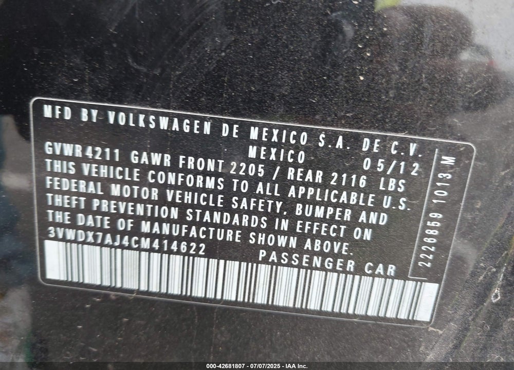 2012 VOLKSWAGEN JETTA 2.5L SE VIN: 3VWDX7AJ4CM414622