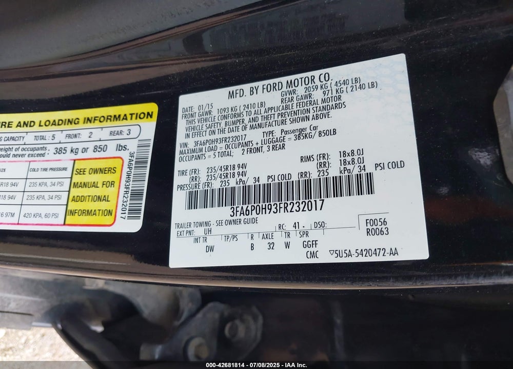 2015 FORD FUSION VIN: 3FA6P0H93FR232017