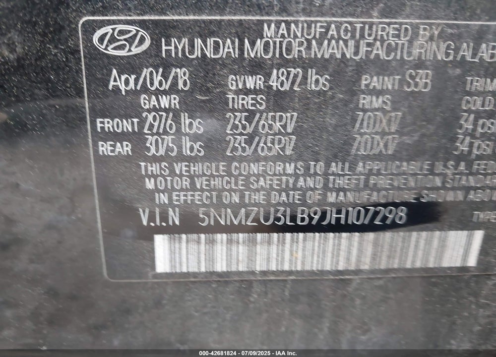 2018 HYUNDAI SANTA FE SPORT 2.4L VIN: 5NMZU3LB9JH107298