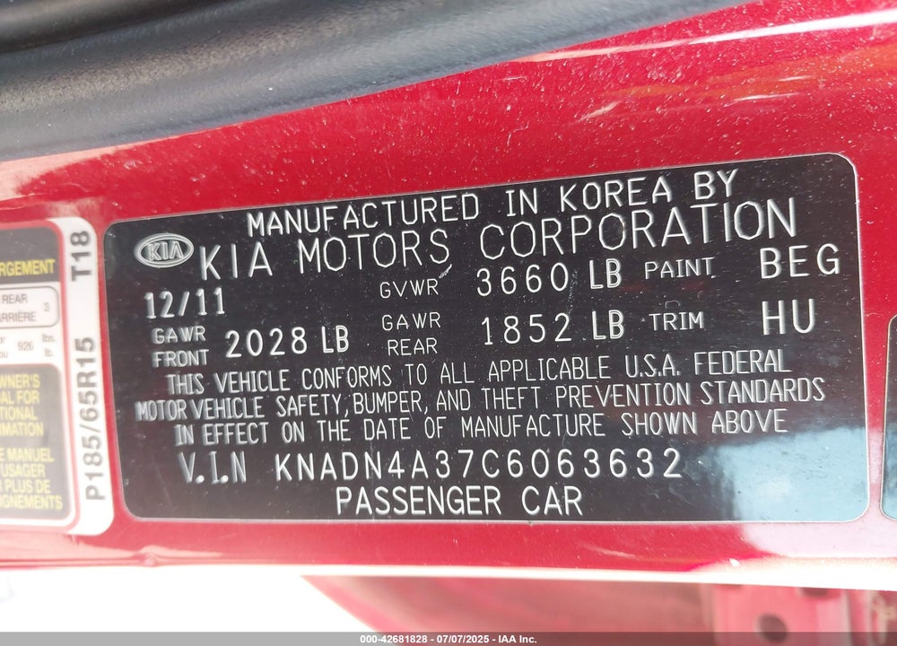 2012 KIA RIO EX VIN: KNADN4A37C6063632