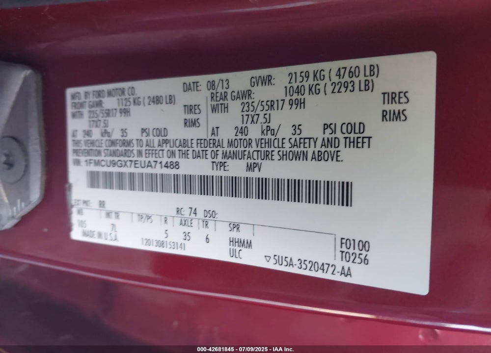 2014 FORD ESCAPE VIN: 1FMCU9GX7EUA71488
