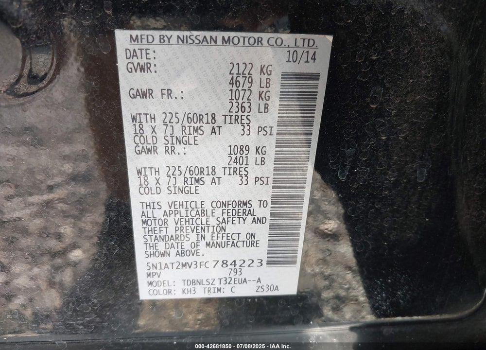 2015 NISSAN ROGUE SL VIN: 5N1AT2MV3FC784223