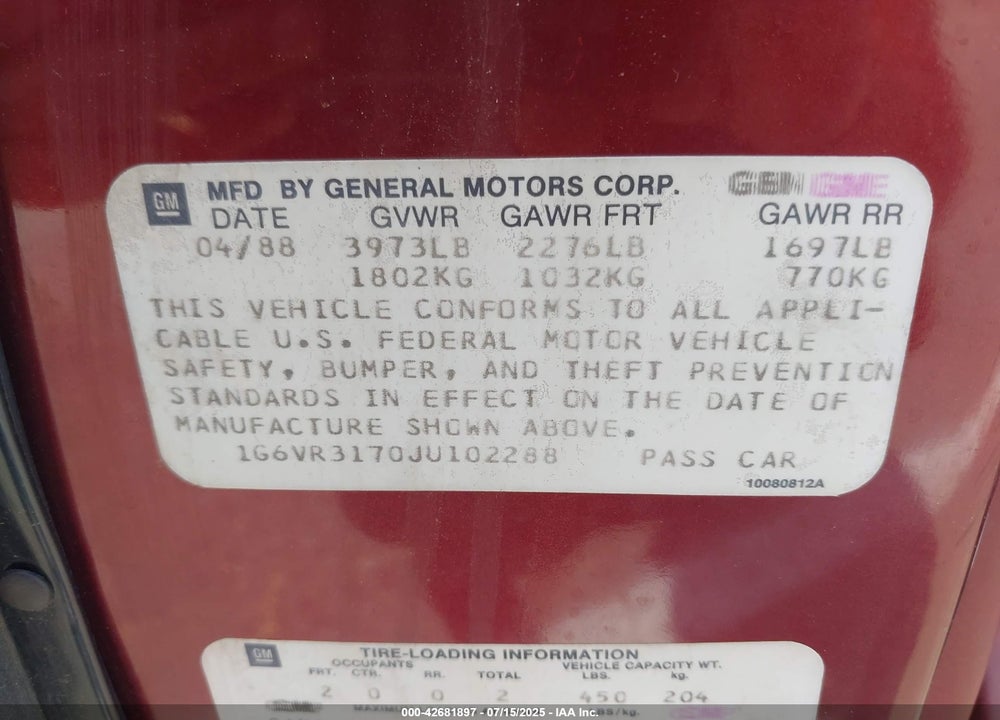 1988 CADILLAC ALLANTE VIN: 1G6VR3170JU102288