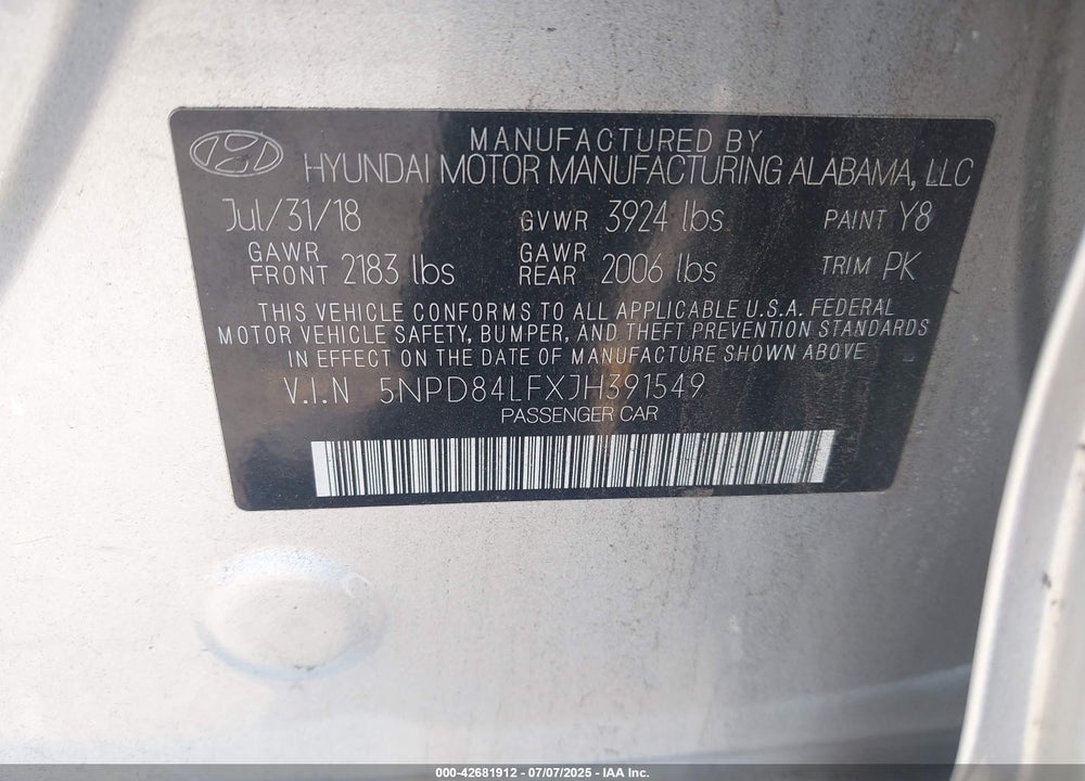 2018 HYUNDAI ELANTRA VIN: 5NPD84LFXJH391549