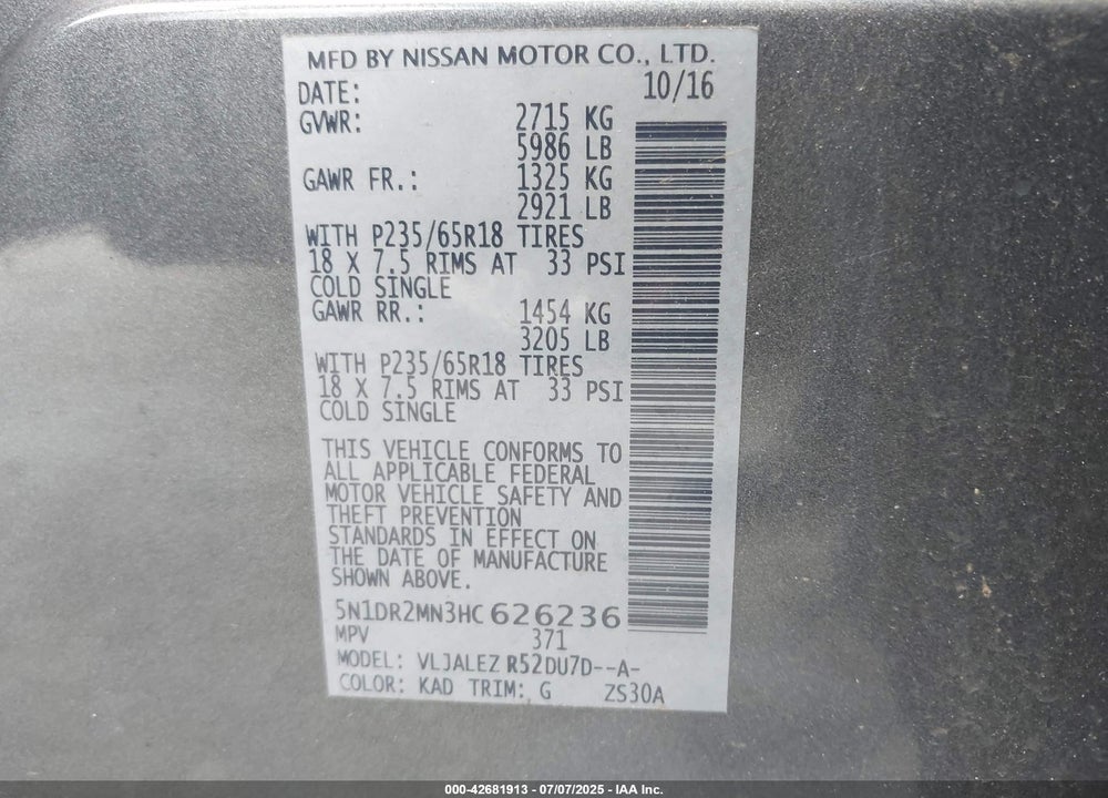 2017 NISSAN PATHFINDER VIN: 5N1DR2MN3HC626236
