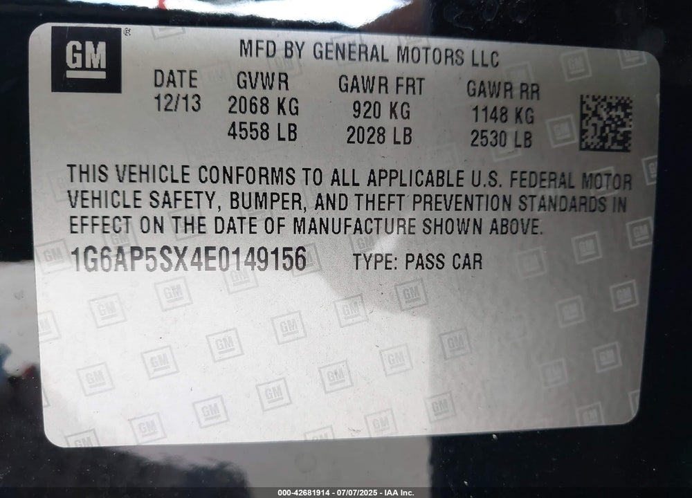 2014 CADILLAC CTS VIN: 1G6AP5SX4E0149156