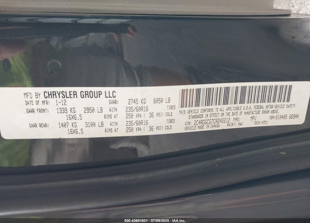 2012 DODGE GRAND CARAVAN VIN: 2C4RDGCG7CR242212