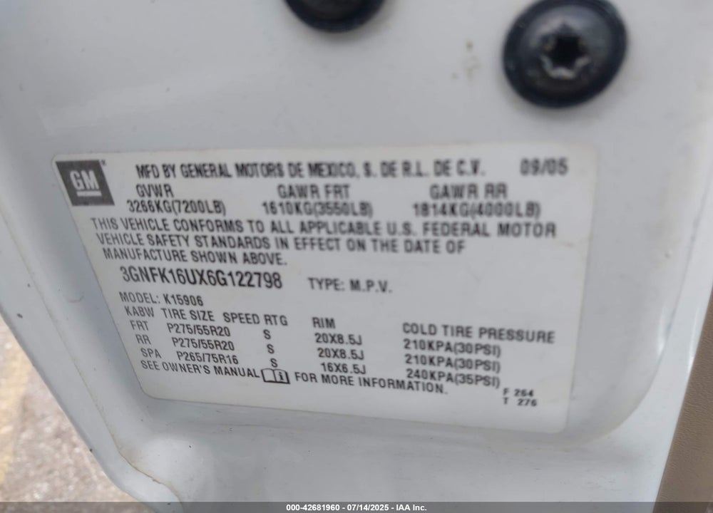 2006 CHEVROLET SUBURBAN 1500 LTZ VIN: 3GNFK16UX6G122798