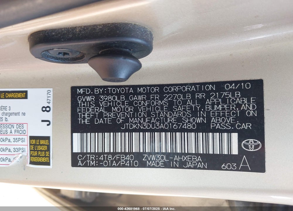 2010 TOYOTA PRIUS VIN: JTDKN3DU3A0167480