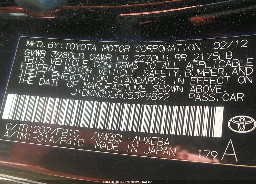 2012 TOYOTA PRIUS VIN: JTDKN3DU5C5399892