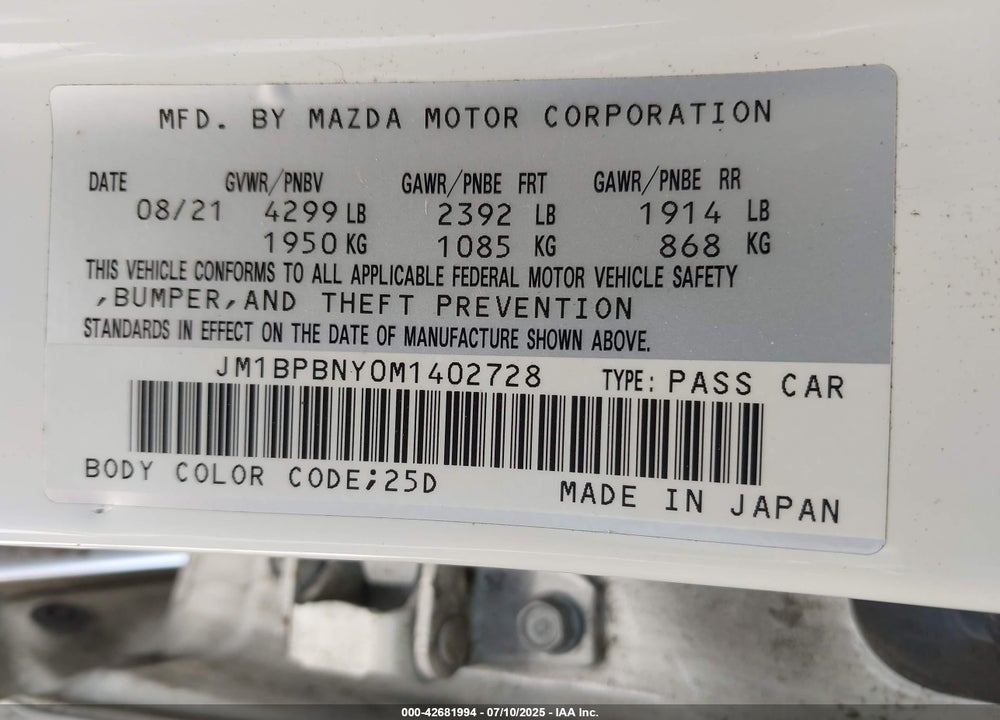2021 MAZDA 3 VIN: JM1BPBNY0M1402728