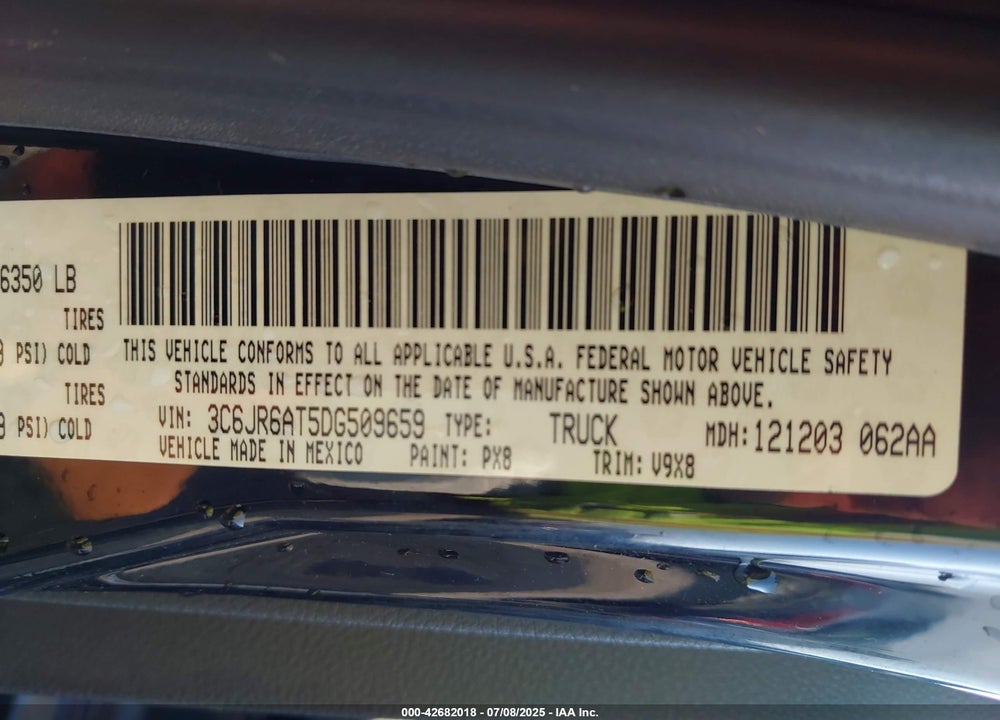 2013 RAM 1500 VIN: 3C6JR6AT5DG509659
