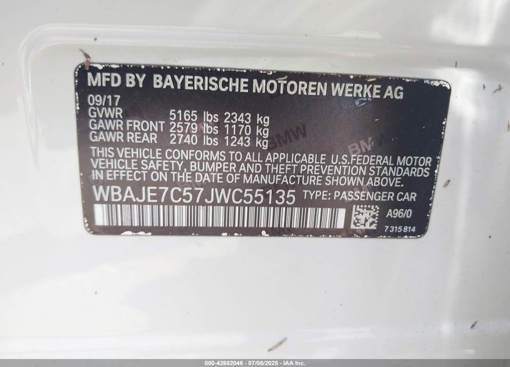 2018 BMW 5 SERIES VIN: WBAJE7C57JWC55135