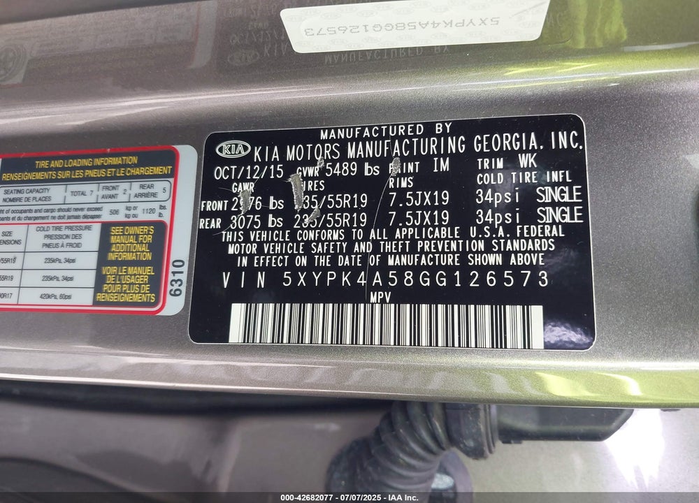 2016 KIA SORENTO VIN: 5XYPK4A58GG126573