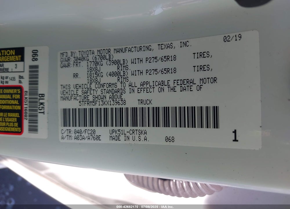 2019 TOYOTA TUNDRA VIN: 5TFRM5F13KX139638