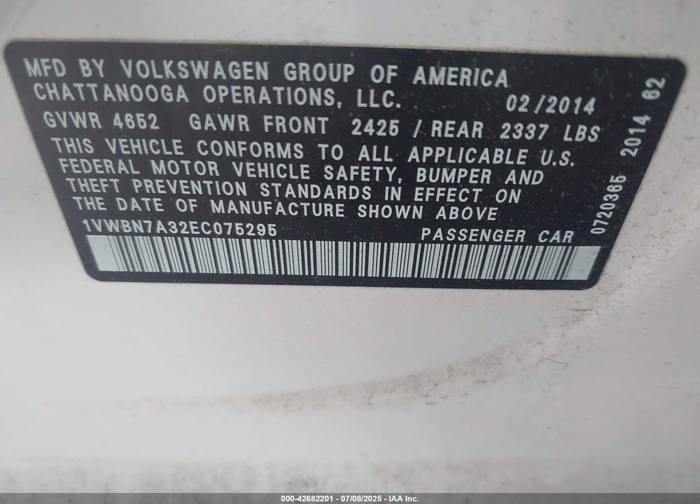 2014 VOLKSWAGEN PASSAT VIN: 1VWBN7A32EC075295