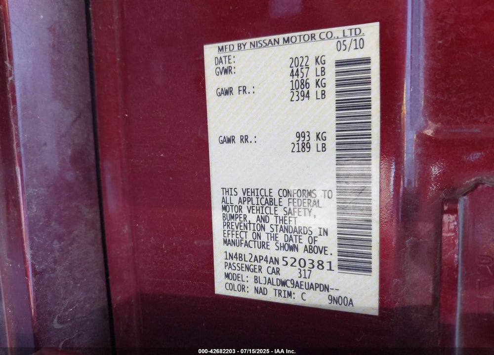 2010 NISSAN ALTIMA VIN: 1N4BL2AP4AN520381