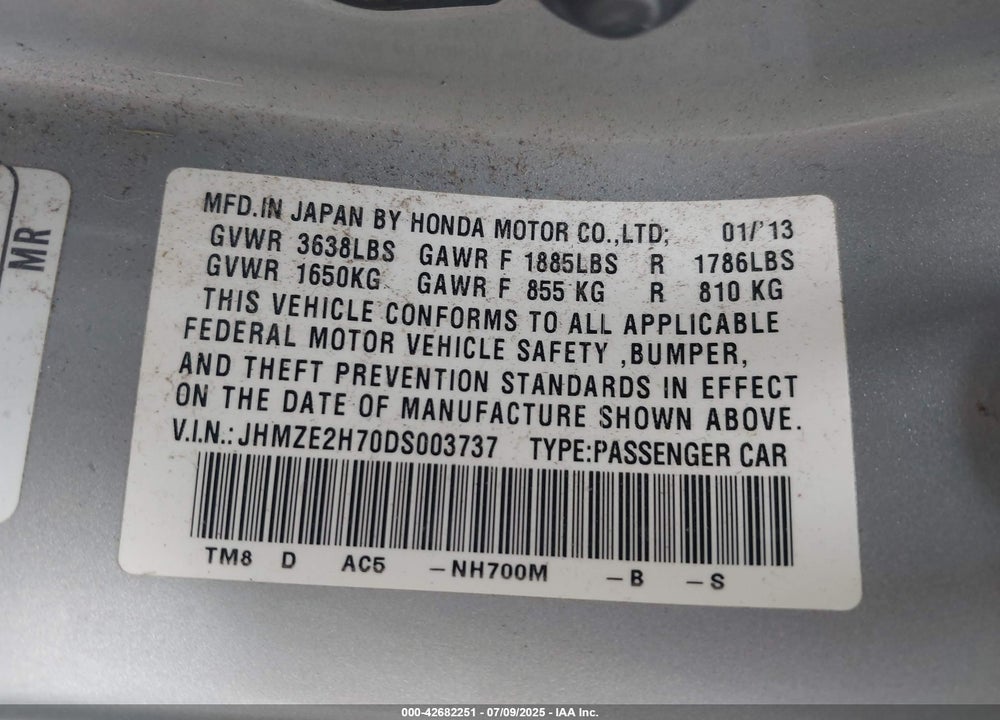 2013 HONDA INSIGHT VIN: JHMZE2H70DS003737