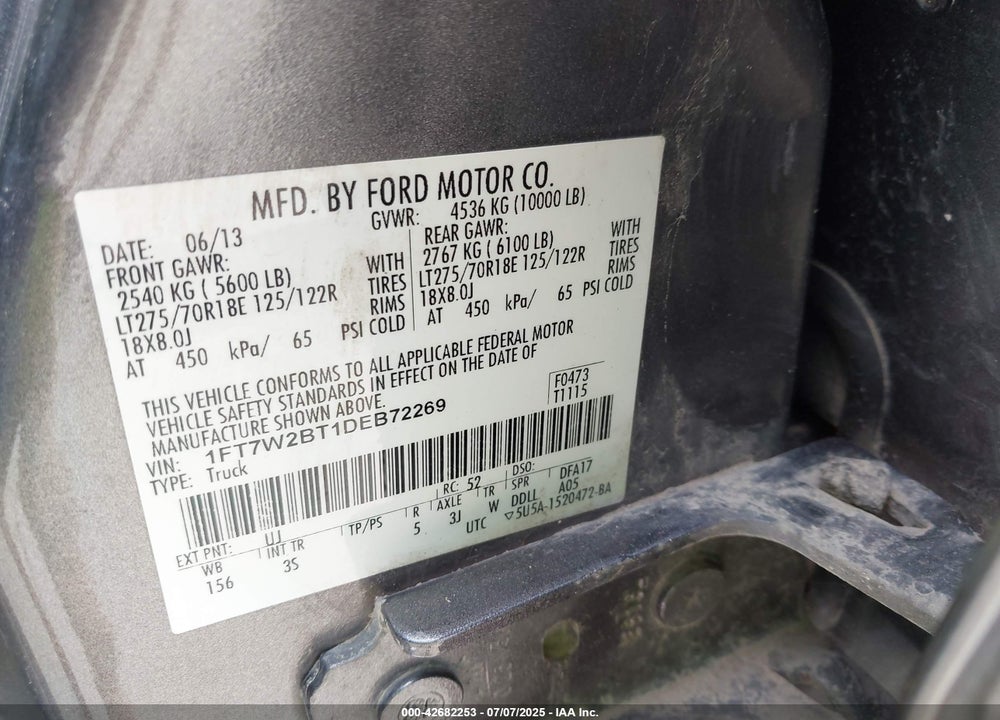 2013 FORD F-250 VIN: 1FT7W2BT1DEB72269