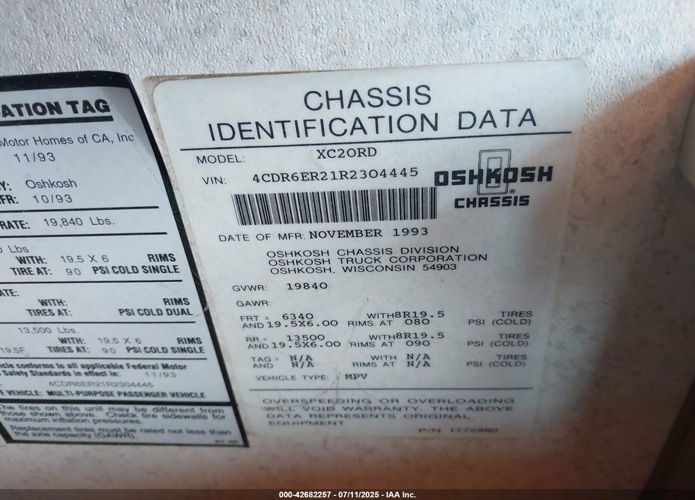 1994 OSHKOSH MOTOR TRUCK CO. CHASSIS X LINE VIN: 4CDR6ER21R2304445