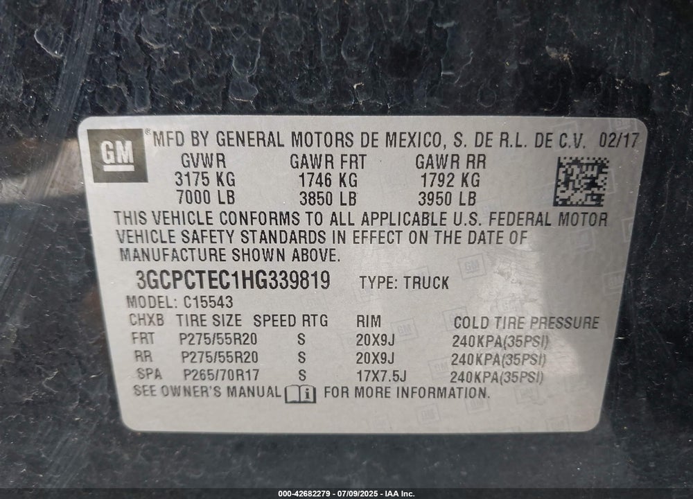 2017 CHEVROLET SILVERADO 1500 VIN: 3GCPCTEC1HG339819
