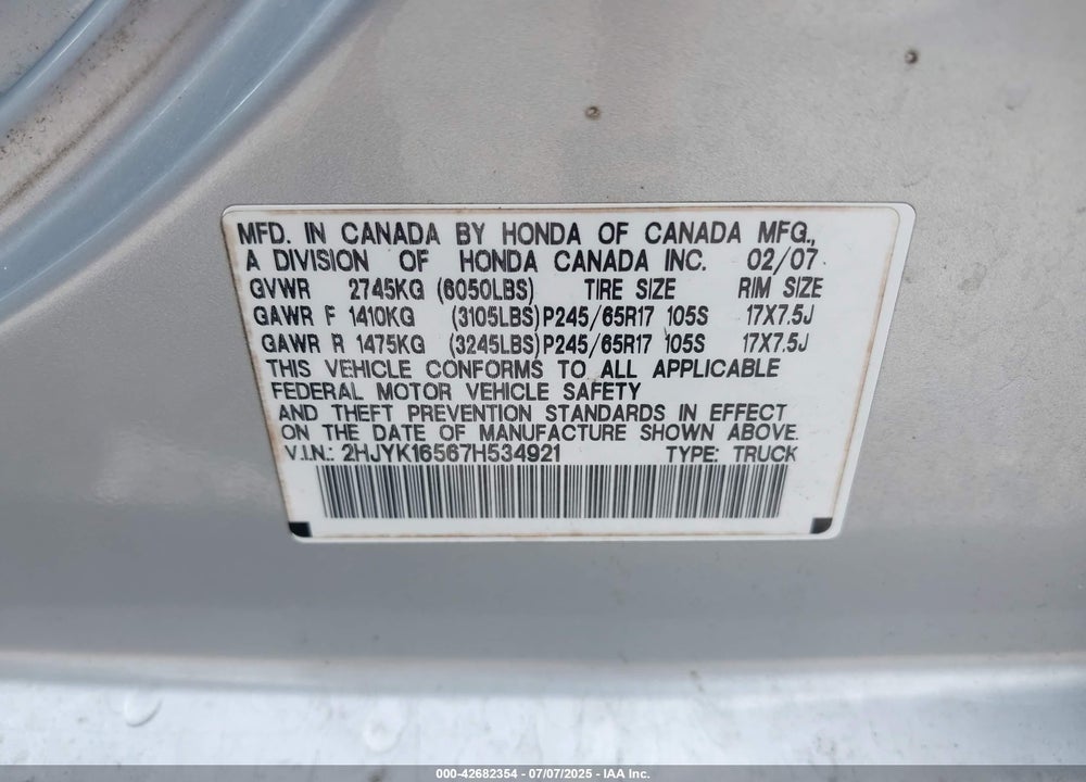 2007 HONDA RIDGELINE RTL VIN: 2HJYK16567H534921