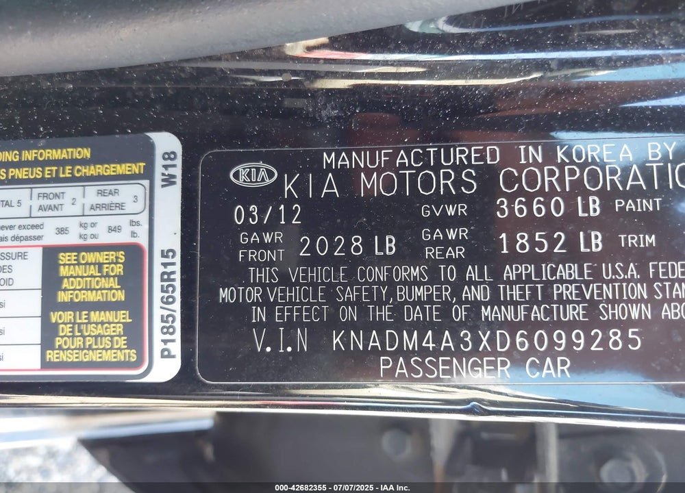 2013 KIA RIO LX VIN: KNADM4A3XD6099285