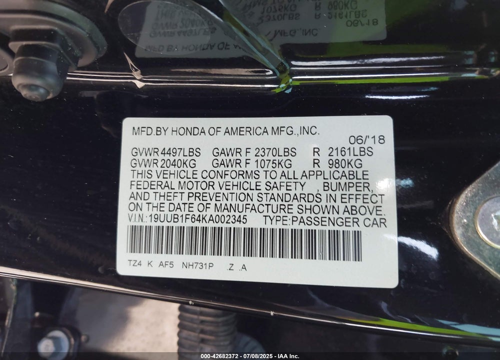 2019 ACURA TLX VIN: 19UUB1F64KA002345