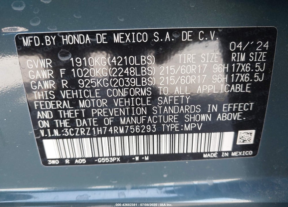 2024 HONDA HR-V 2WD EX-L/2WD EX-L W/O BSI VIN: 3CZRZ1H74RM756293