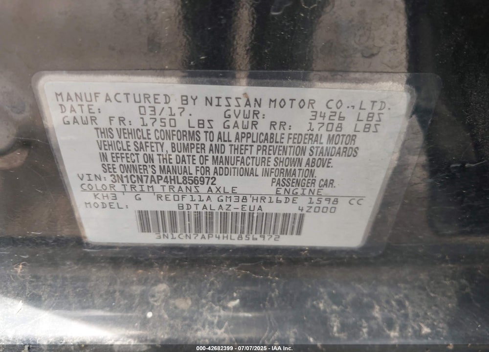 2017 NISSAN VERSA 1.6 S+ VIN: 3N1CN7AP4HL856972