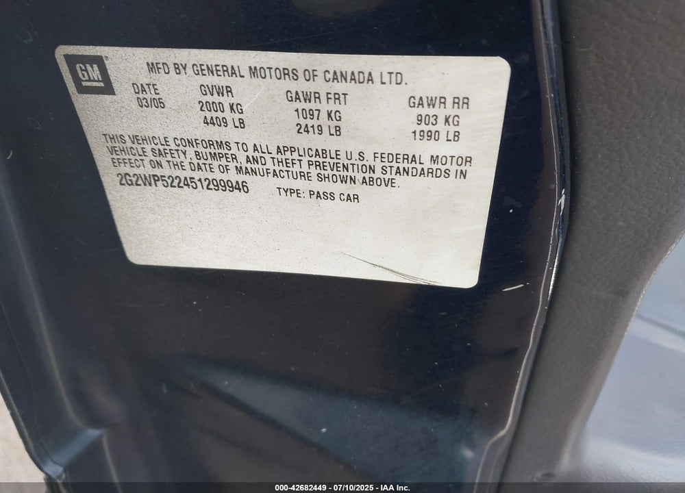 2005 PONTIAC GRAND PRIX VIN: 2G2WP522451299946