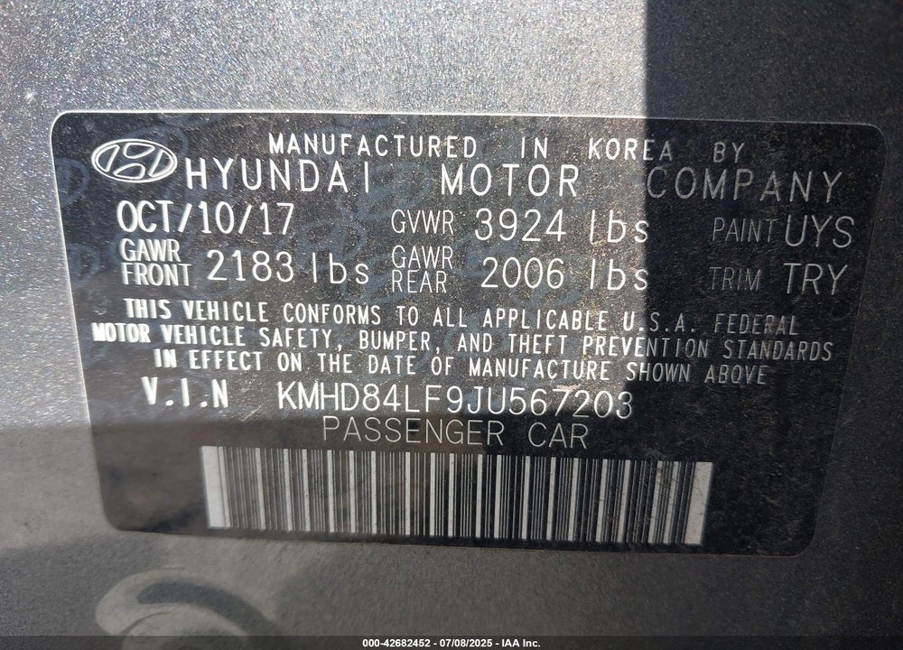 2018 HYUNDAI ELANTRA VIN: KMHD84LF9JU567203