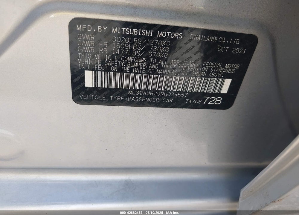 2024 MITSUBISHI MIRAGE VIN: ML32AUHJ9RH033557