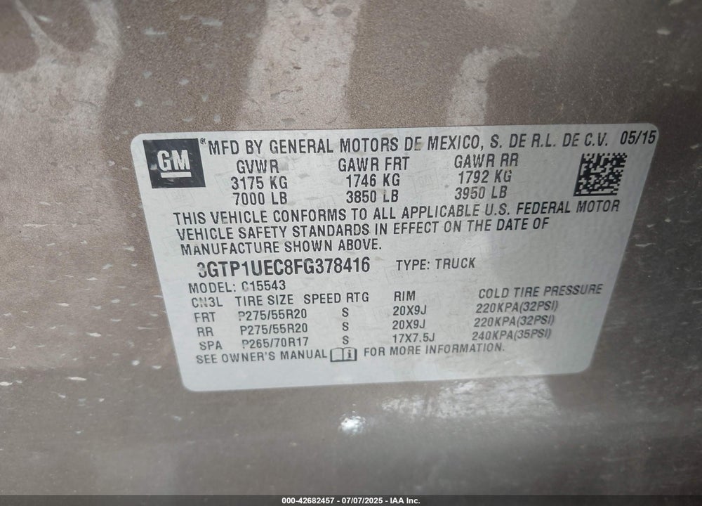 2015 GMC SIERRA 1500 VIN: 3GTP1UEC8FG378416