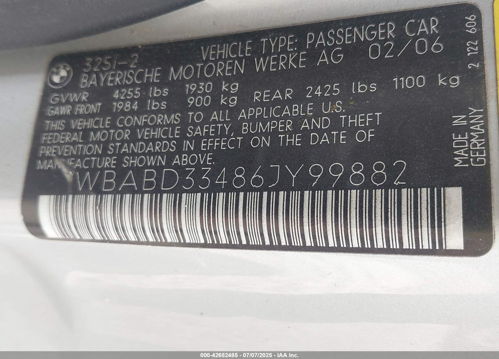 2006 BMW 325CI VIN: WBABD33486JY99882