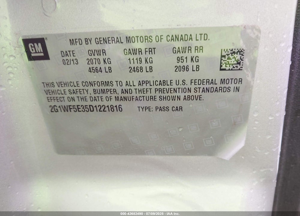 2013 CHEVROLET IMPALA VIN: 2G1WF5E35D1221816