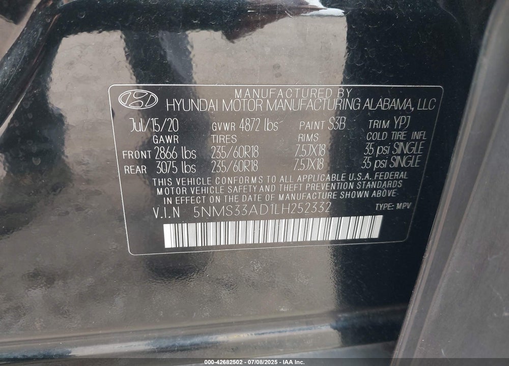 2020 HYUNDAI SANTA FE VIN: 5NMS33AD1LH252332