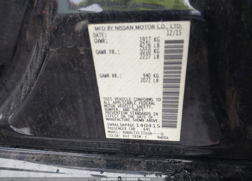 2016 NISSAN ALTIMA VIN: 1N4AL3AP4GC140415