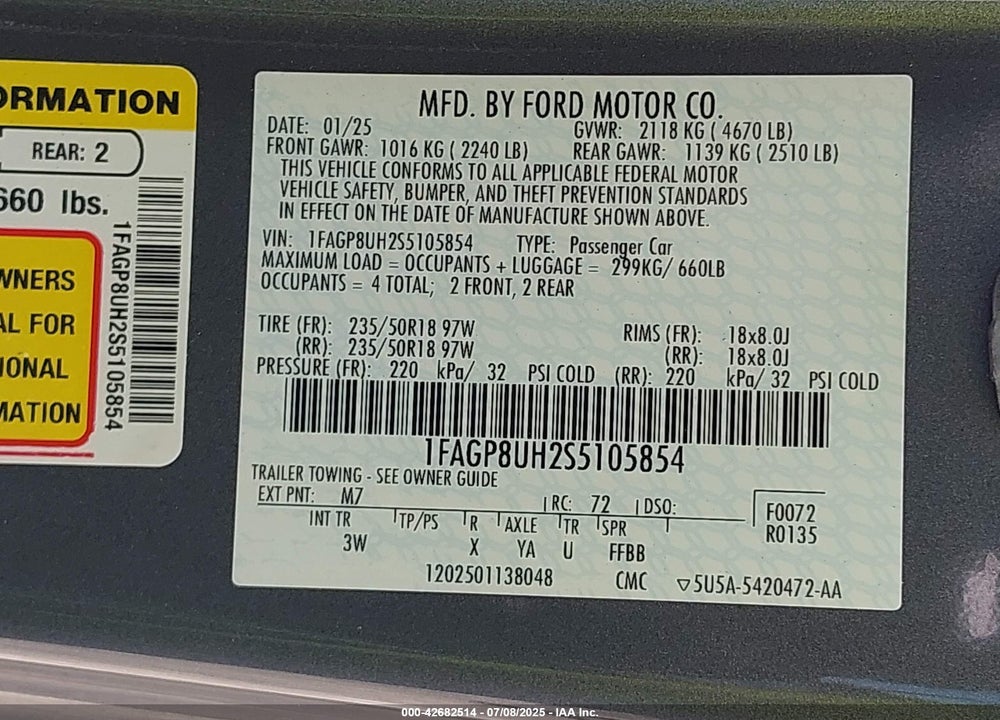 2025 FORD MUSTANG ECOBOOST PREMIUM VIN: 1FAGP8UH2S5105854
