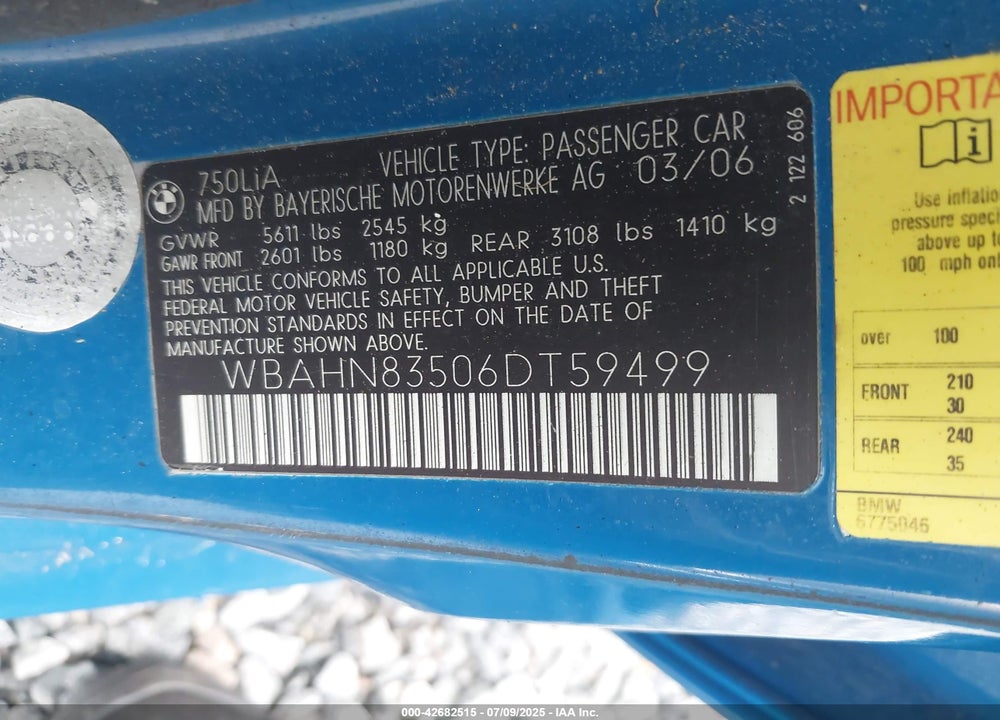 2006 BMW 750LI VIN: WBAHN83506DT59499