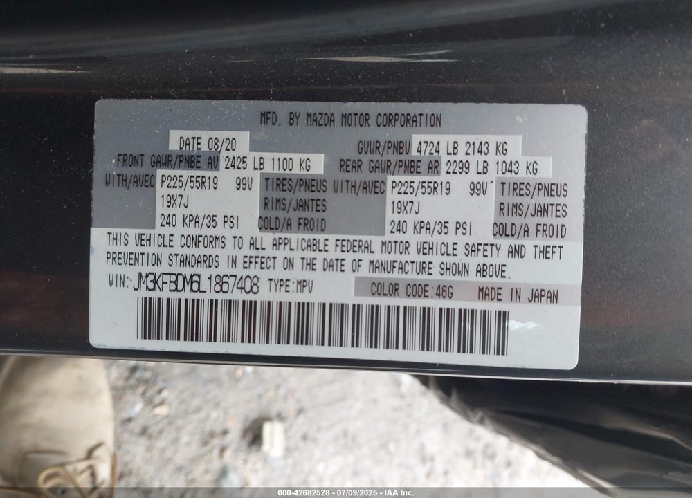 2020 MAZDA CX-5 VIN: JM3KFBDM6L1867408